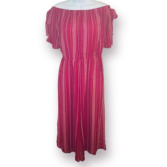AUW Burgundy Stripe Off the Shoulder Jumpsuit Flutter Sleeve Bow Shoulder 8 - Picture 1 of 9